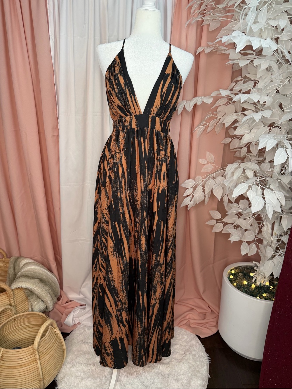 Black Rust Abstract Print Plunge Open Back Maxi Dress S